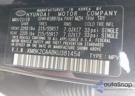 2019 Hyundai Kona Sel из США, поврежденный, VIN KM8K2CAA8KU381454